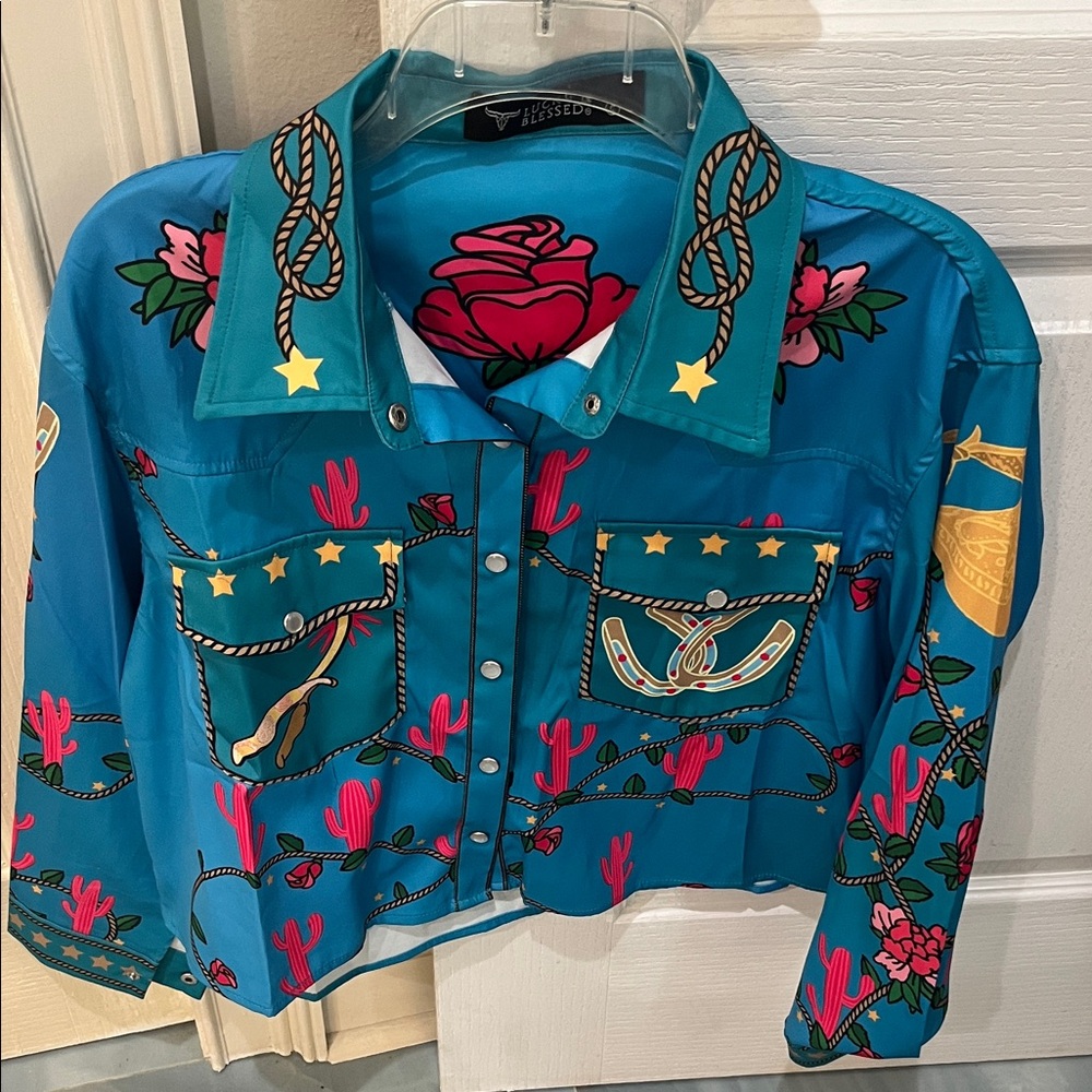 Lucky & Blessed Blue Floral Western Bomber Jacket